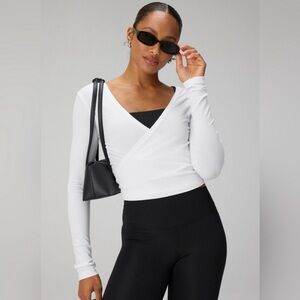 New Fabletics White Ribbed Wrap-Style Long Sleeve Top